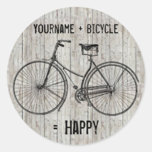 U plus fiets staat gelijk aan Happy Antiek Wooden  Ronde Sticker