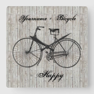 U plus fiets staat gelijk aan Happy Antiek Wooden  Vierkante Klok