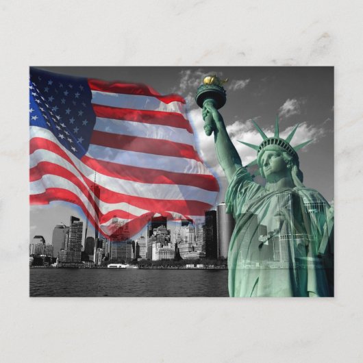 U.S.A.: Lady Liberty, Amerikaanse vlag, NYC Briefkaart (Voorkant)