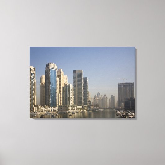 UAE, Dubai. Marina torens met boten voor anker. Canvas Afdruk (Voorkant)
