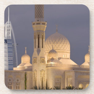 UAE, Dubai. 's Avonds moskee met Burj al Arab Bier Onderzetter