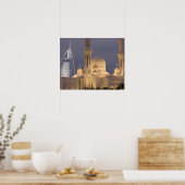 UAE, Dubai. 's Avonds moskee met Burj al Arab Poster (Keuken)