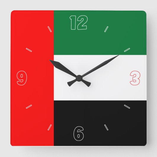 UAE Flag Red Black Green White Numbers Patriottisc Vierkante Klok (Voorkant)