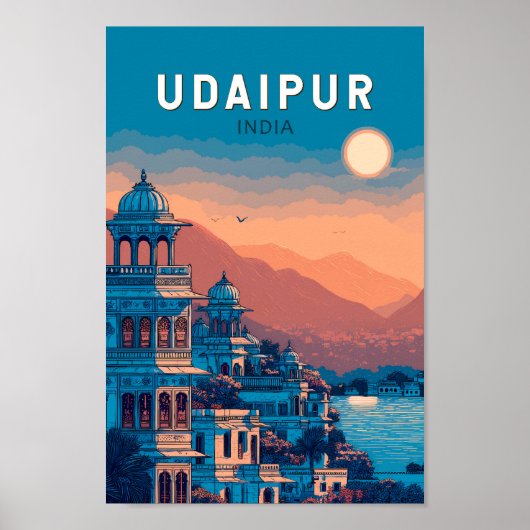 Udaipur India Illustratie Reizen Art Vintage Poster (Voorkant)
