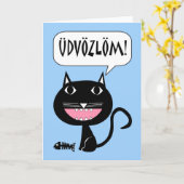 Udvözlöm! Hallo In het Hongaars, Kat met Vis Botte Kaart (Gele Bloem)