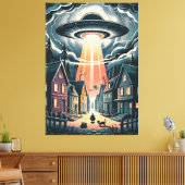UFO Abduction Night Street Illustration Canvas Afdruk (Insitu (Woonkamer))