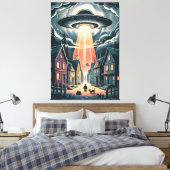 UFO Abduction Night Street Illustration Canvas Afdruk (Insitu (Slaapkamer))