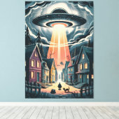 UFO Abduction Night Street Illustration Canvas Afdruk (Insitu (Houten vloer))