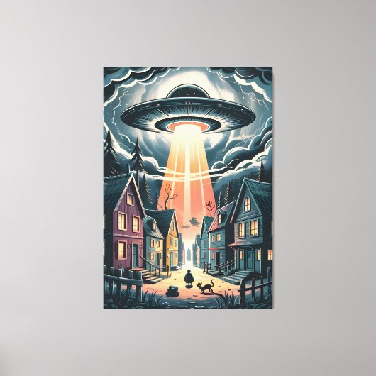 UFO Abduction Night Street Illustration Canvas Afdruk (Voorkant)