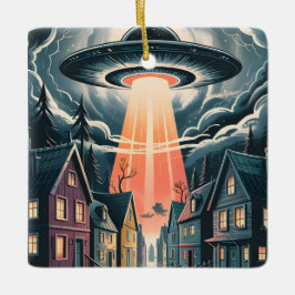 UFO Abduction Night Street Illustration Keramisch Ornament