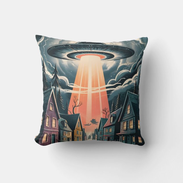 UFO Abduction Night Street Illustration Kussen (Voorkant)