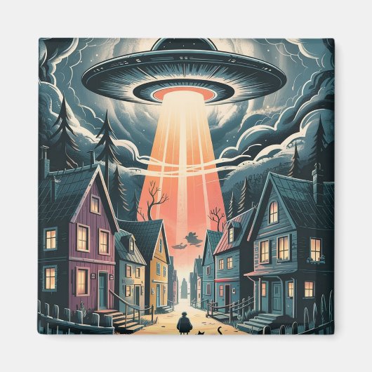 UFO Abduction Night Street Illustration Magneet (Voorkant)