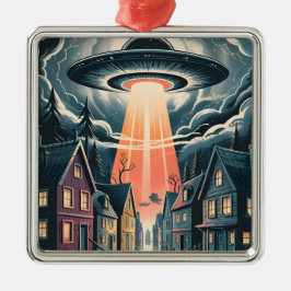 UFO Abduction Night Street Illustration Metalen Ornament