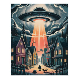 UFO Abduction Night Street Illustration Perfect Poster