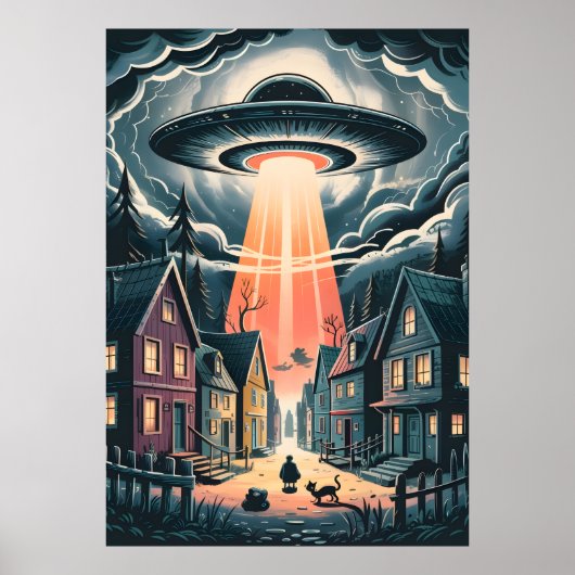 UFO Abduction Night Street Illustration Poster (Voorkant)