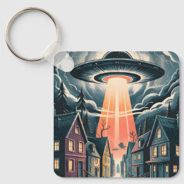 UFO Abduction Night Street Illustration Sleutelhanger