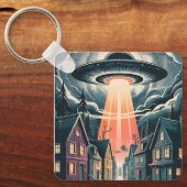 UFO Abduction Night Street Illustration Sleutelhanger (Voorkant)