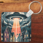 UFO Abduction Night Street Illustration Sleutelhanger (Achterkant)