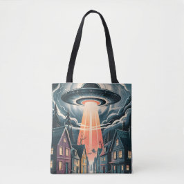 UFO Abduction Night Street Illustration Tote Bag