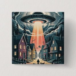 UFO Abduction Night Street Illustration Vierkante Button 5,1 Cm