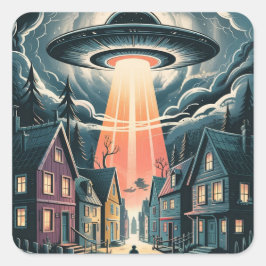 UFO Abduction Night Street Illustration Vierkante Sticker