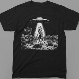 UFO Alien Kat Verdwijnings Retro Houtsnede T-shirt