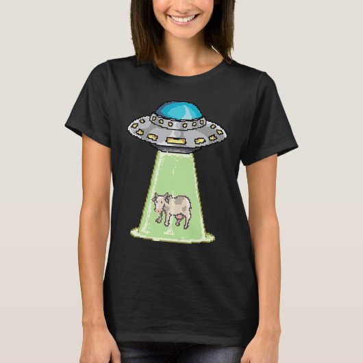 Ufo Alien Neemt Koe Retro Pixel T-shirt (Voorkant)