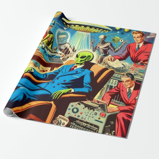 UFO Alien Sci-Fi Retro Comics Cadeaupapier (Uitgerold)