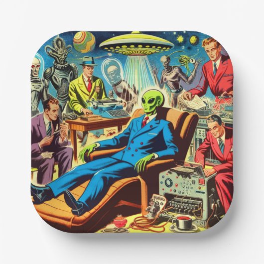 UFO Alien Sci-Fi Retro Comics Papieren Bordje (Voorkant)