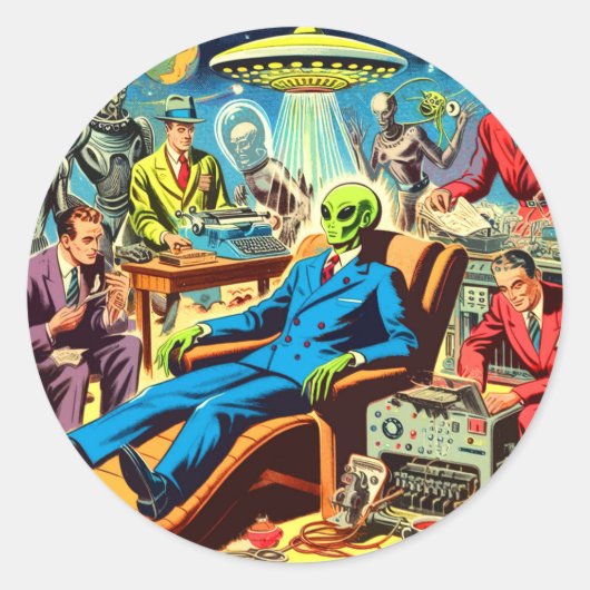UFO Alien Sci-Fi Retro Comics Ronde Sticker (Voorkant)
