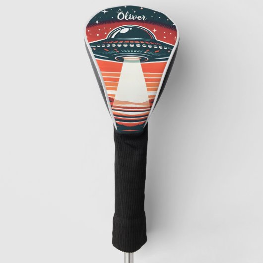  ufo bij rode zonsondergang gepersonaliseerd golfheadcover (Voorkant)
