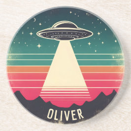  ufo bij zonsondergang gepersonaliseerd zandsteen onderzetter