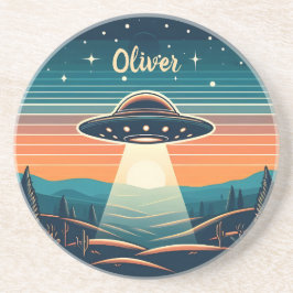 ufo bij zonsondergang gepersonaliseerd zandsteen onderzetter