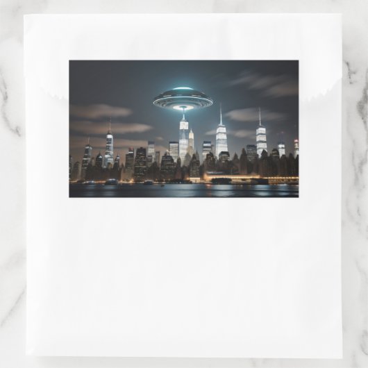 UFO boven stad Rechthoekige Sticker (Tas)