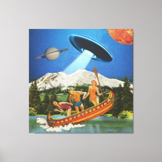 UFO Canoe Trip Mountains Surreal Collage Canvas Afdruk (Voorkant)