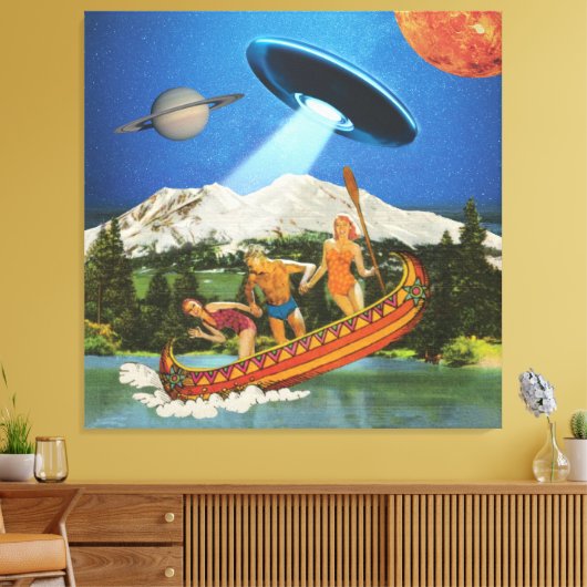 UFO Canoe Trip Mountains Surreal Collage Canvas Afdruk (Insitu (Woonkamer))