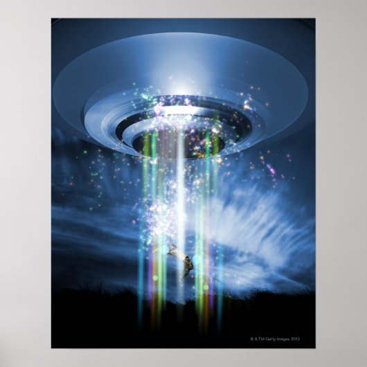 UFO die boven de aarde hangt terwijl ze mensen ont Poster (Voorkant)