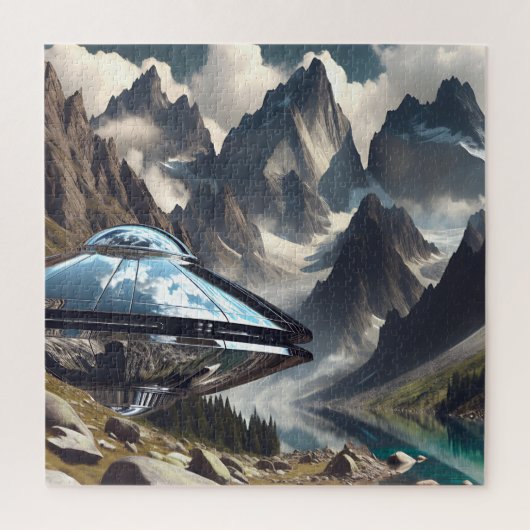 UFO die landde in de bergen Reflectie Legpuzzel (Verticaal)