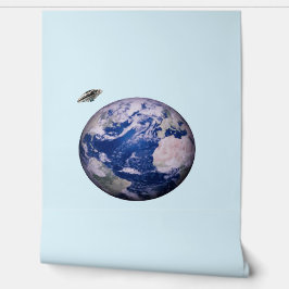 UFO die langs Aarde in Blauwe Hemel vliegen Behang