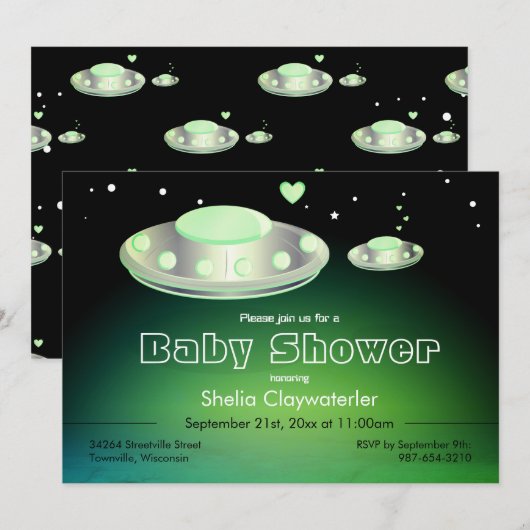 UFO en Baby UFO Groen | Baby Shower Kaart (Voorkant / Achterkant)