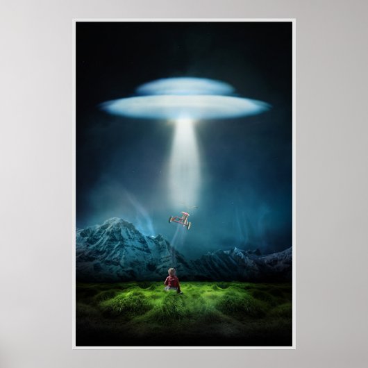 UFO en kind in het veld 's nachts poster (Voorkant)