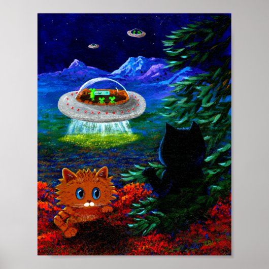 UFO Flying Saucer Funny Black Cat Oranje Tabblad Poster (Voorkant)