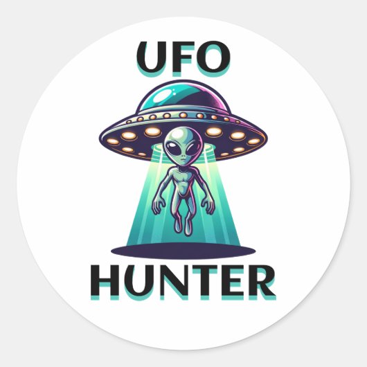 UFO Hunter | Ai Art met UFO en Alien Ronde Sticker (Voorkant)