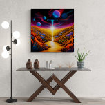 UFO in Fantasy World Canvas Afdruk<br><div class="desc">Ga een fantasiewereld in waar UFO boven kleurrijke landschappen omringd is door mooie en kleurrijke planeten.</div>