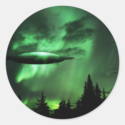 UFO in groene wolken Ronde Sticker (Voorkant)