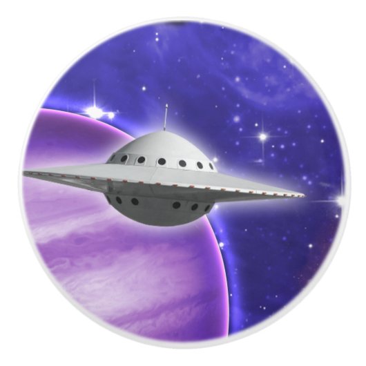 UFO in Paarse Ruimte Roze Planet Sterren Galaxy Keramische Knop (Voorkant)