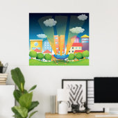 UFO Landing in a Bright City Night Scene Poster (Thuiskantoor)