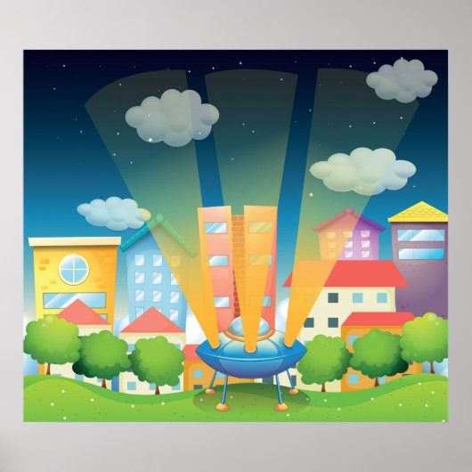UFO Landing in a Bright City Night Scene Poster (Voorkant)