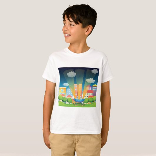 UFO Landing in a Bright City Night Scene T-shirt (Voorkant volledig)