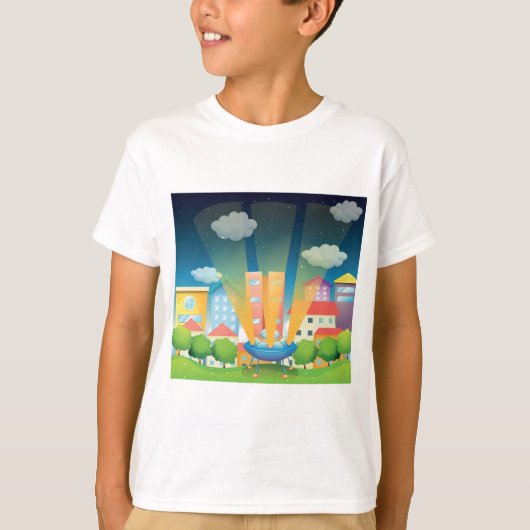UFO Landing in a Bright City Night Scene T-shirt (Voorkant)